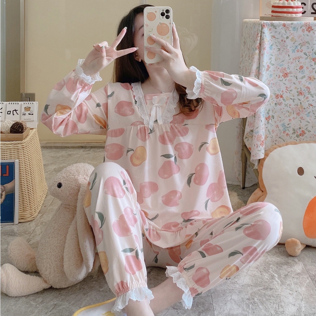 Bộ ngủ dài tay pijama nữ chất cotton cao cấp dễ thương DT88