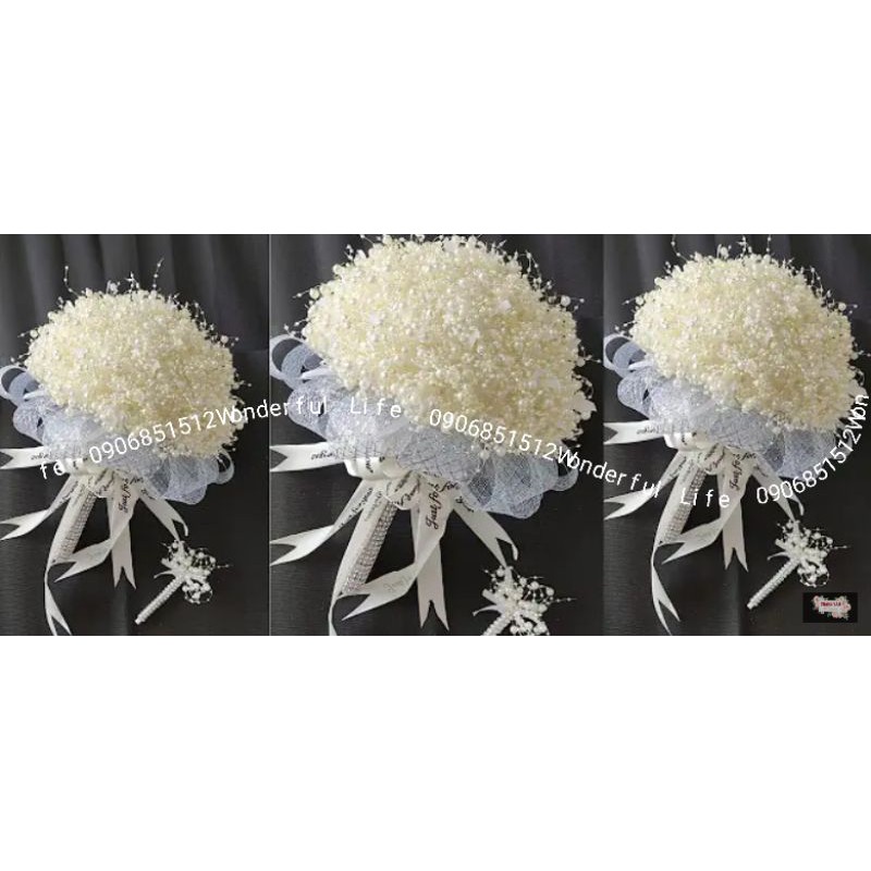 Hoa cưới kết ngọc phom Hàn, tặng cài áo chú rể