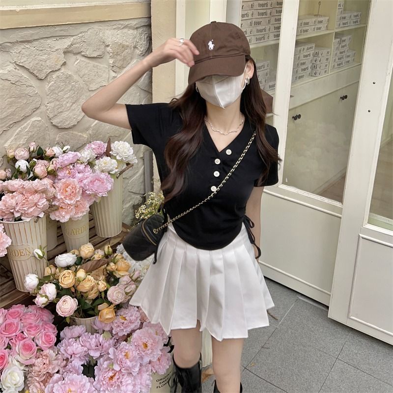 IELGY Áo Thun Tay Ngắn Cổ Chữ v Phối Dây Rút Thời Trang Cho Nữ