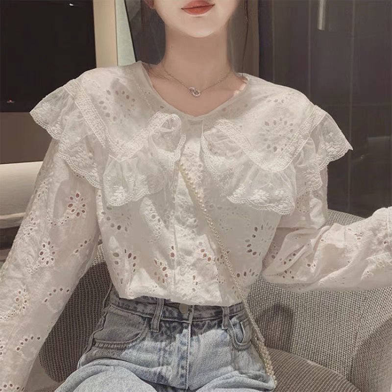Áo sơ mi cổ búp bê phối ren màu trắng ngọt ngào phong cách Hàn Quốc thời trang mùa xuân mới cho nữ 2021 | BigBuy360 - bigbuy360.vn