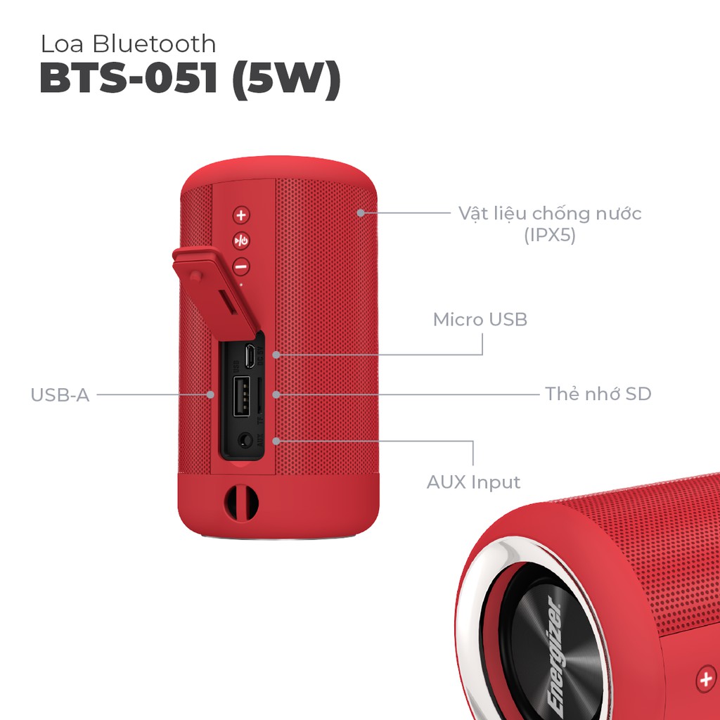 Loa Bluetooth Energizer BTS 051 - 5W, tích hợp pin dự phòng, bluetooth V4.2, kháng nước IPX5 - Hàng chính hãng