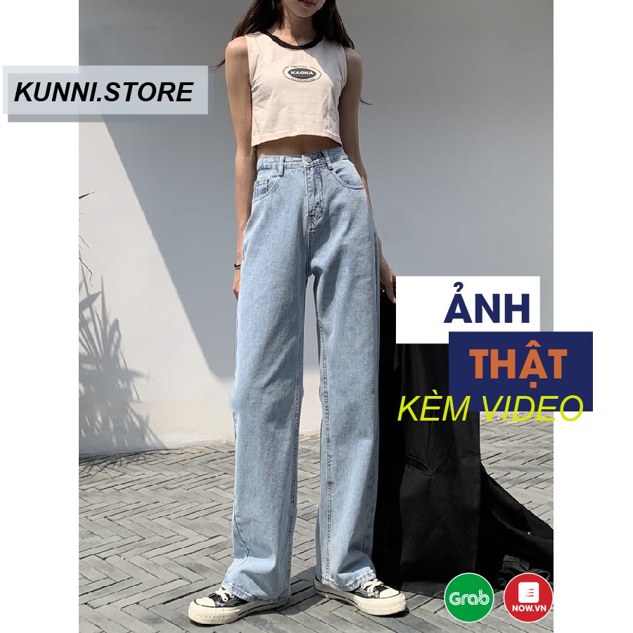 Quần Jean Nữ Dáng Suông Baggy Cạp Lưng Cao Trơn Chất Bò Dày Dặn Màu Xanh Trơn Ulzzang