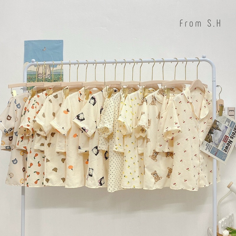 [SẴN HÀNG/ẢNH THẬT] Bộ mặc nhà pijama ngắn xô đũi đũi xốp Hàn Quốc
