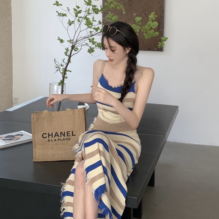 Đầm Hai Dây Dáng Ôm Co Giãn In Họa Tiết Kẻ Sọc Phối Tua Rua Thời Trang Mùa Hè Phong Cách Hàn Quốc Cho Nữ