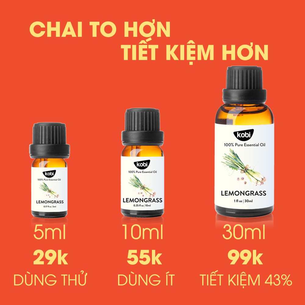 Tinh dầu Sả Chanh Kobi Lemongrass essential oil nguyên chất giúp khử mùi, tạo hương, giảm stress  - 5ml