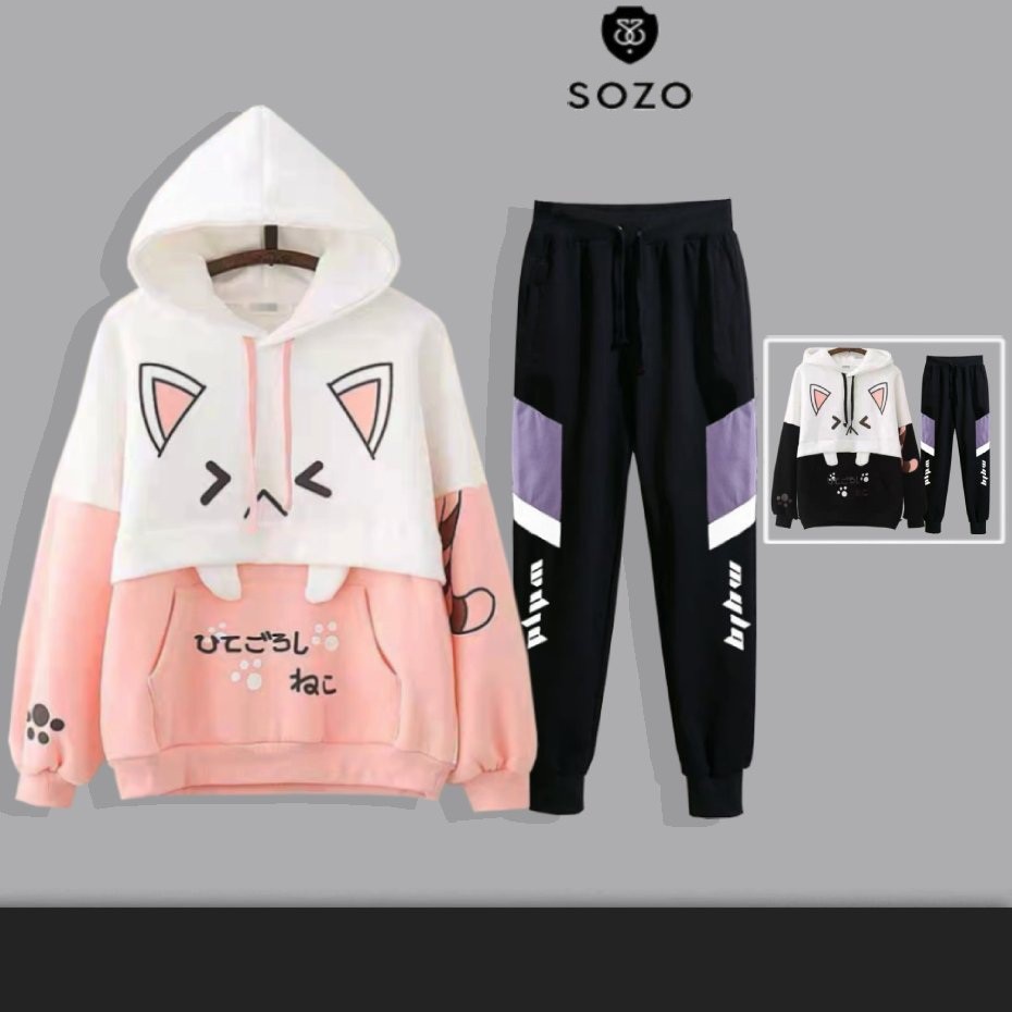 Set Bộ 2 Món Quần Dài + Áo Hoodie Nón Nam Nữ Unisex Chất Vải Nỉ CB2_MQU076THDEF6_WAH073NO (Dọc Tím Mula + Mèo Răng Nanh)