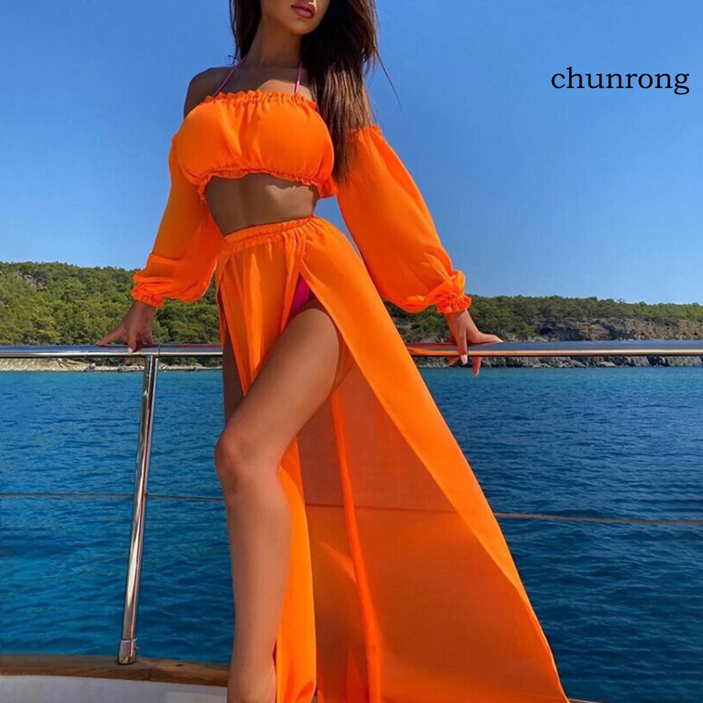 Bộ Trang Phục 2 Mảnh Gồm Áo Hở Vai Và Chân Váy Dài Xẻ Tà Quyến Rũ Thời Trang Đi Biển Cho Nữ