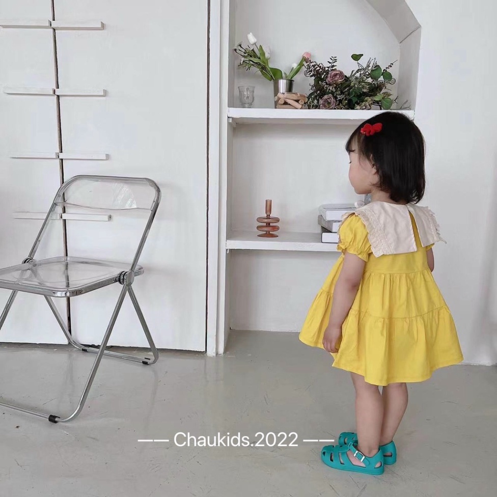 Váy xòe cổ bèo bé gái, váy babydoll 3 tầng cổ bèo trắng cột nơ cho bé gái