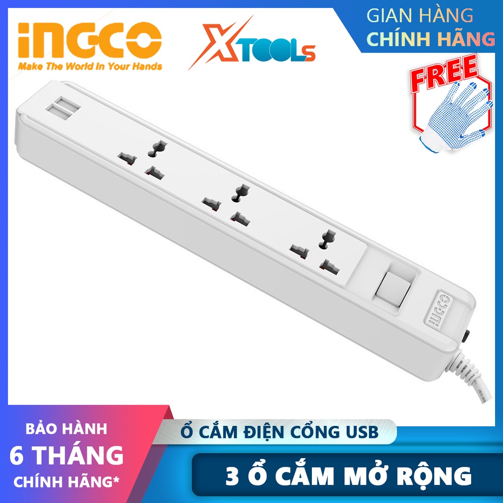 Ổ cắm điện ba chấu INGCO HES13041VSB | ổ cắm điện Dòng điện tối đa 13A Cáp nguồn Cáp nguồn 3 mét 3 * 1.25mm2 USB 2.1A lỗ