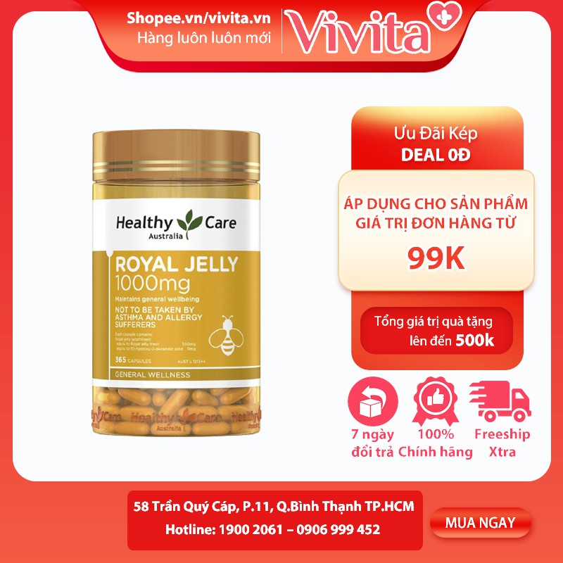 Sữa ong chúa Healthy Care Royal Jelly 1000mg 365 viên giúp Đẹp da, Chống lão hóa, Cân bằng nội tiết tố nữ