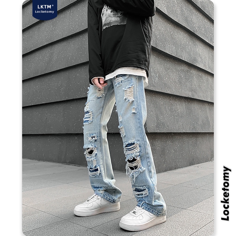 Quần Áo Nam#Quần Jeans Ống Rộng Thiết Kế Rách Phong Cách Đường Phố Mới Cho Nam