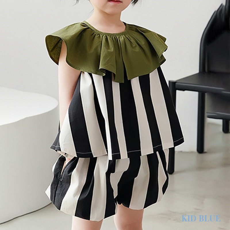 Bộ Áo Cổ Lá Sen Họa Tiết Kẻ Sọc + Quần Short Thời Trang Mùa Hè Phong Cách Hàn Quốc Cho Bé Gái