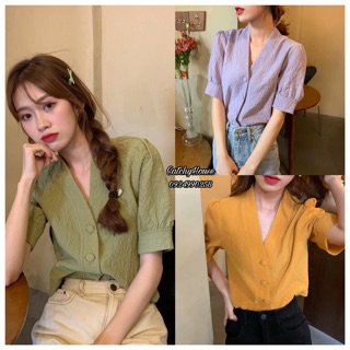 [Order] áo sơmi cổ V nút bọc ulzzang