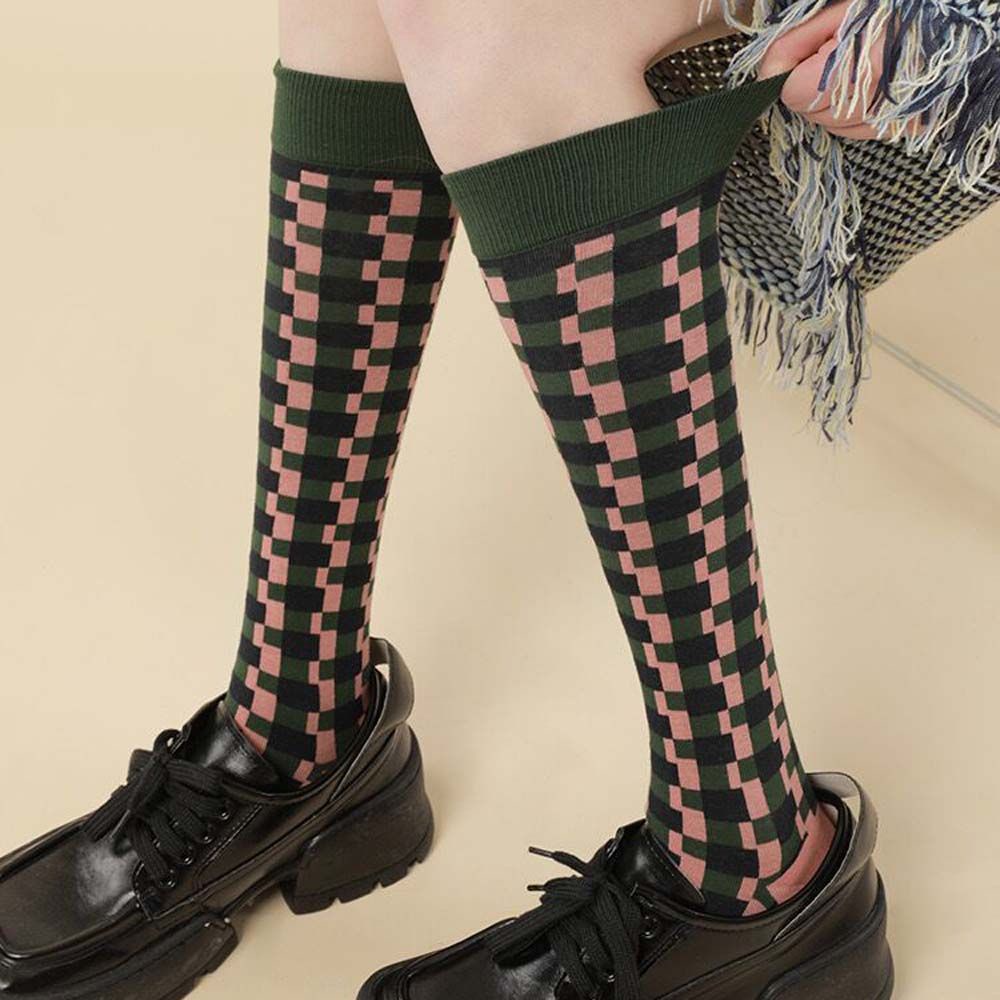 Vớ ống dài co giãn thoải mái in họa tiết caro phong cách Lolita dễ thương cho nữ
