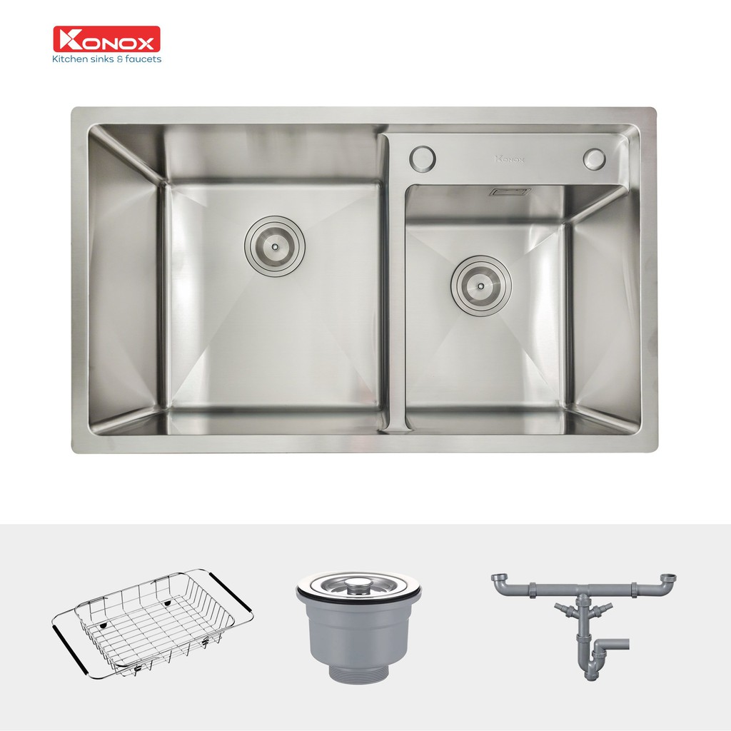 Chậu rửa bát inox KONOX Overmount Series KN7847DO, inox 304AISI, full set gồm Siphon+Giá úp bát inox