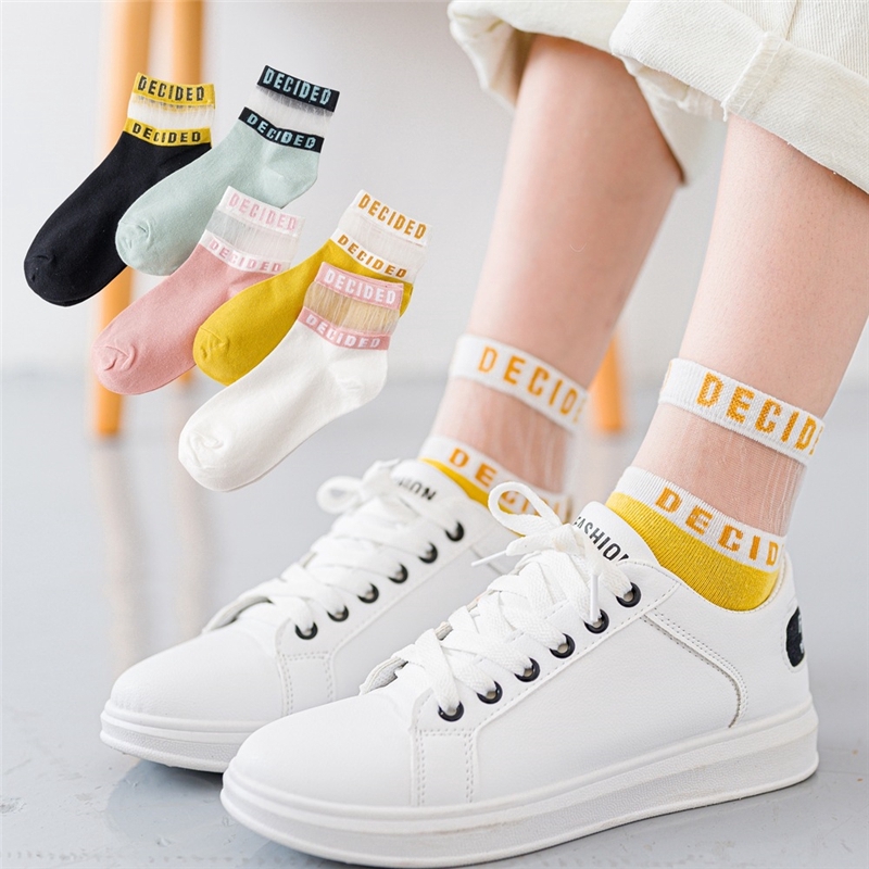 Vớ vải tuyn lưới trong suốt 100 vải cotton Nhật Bản dành cho nữ in chữ