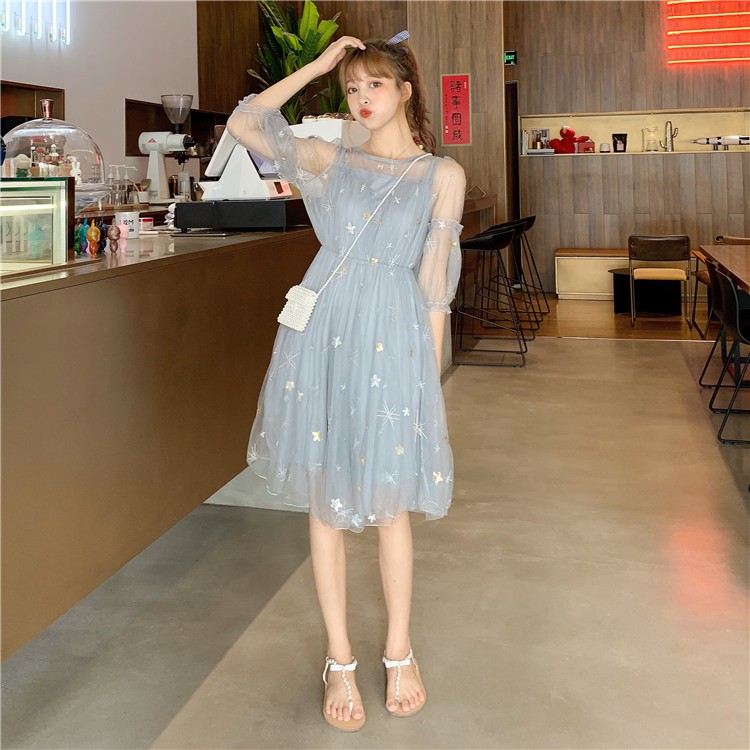 Đầm ulzzang babydoll voan lưới đính sao VD027 (có video)