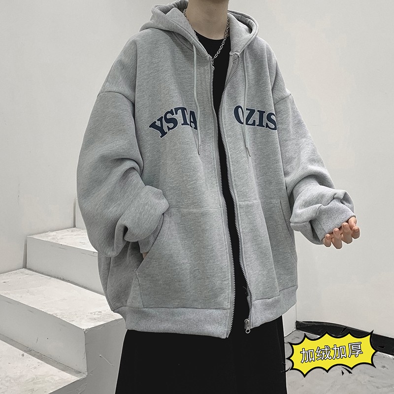Áo khoác cardigan thể thao dây khóa kéo có mũ trùm phối nhung thời trang xuân thu phong cách cổ điển kiểu Mỹ cho nam