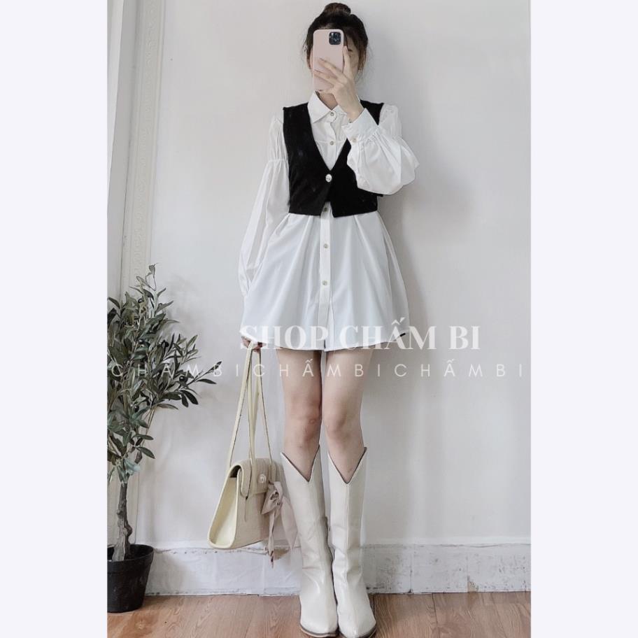 Set sơ mi nữ đẹp A.252, Set áo sơ mi trắng kiểu oversize và áo gile đen buộc nơ eo mặc được hai kiểu cực xinh
