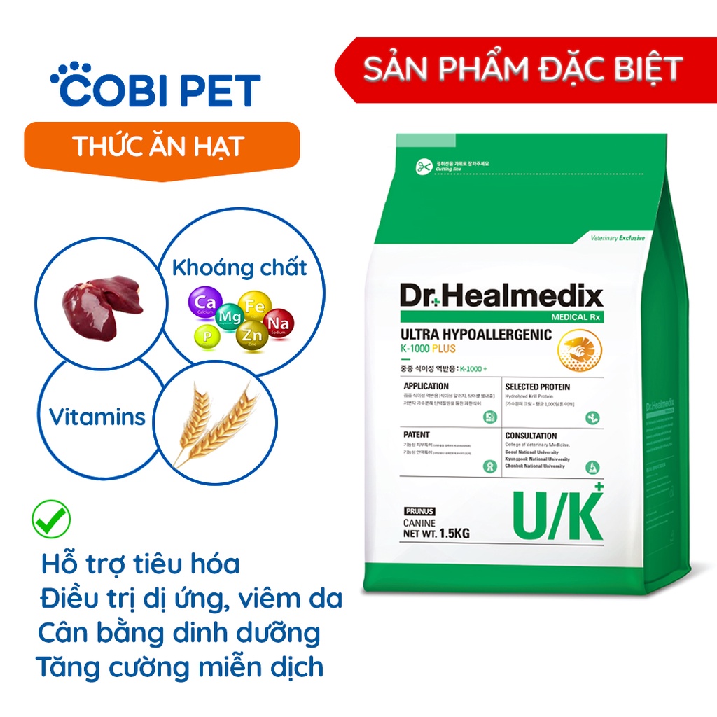 Thức Ăn Hạt Cao Cấp Cho Chó Điều Trị Viêm Da Dị Ứng DR HEALMEDIX ULTRA HYPOALLERGENIC K-1000 PLUS 1.5kg