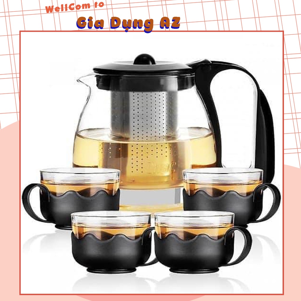 Bộ ấm trà thủy tinh có lõi lọc lưới inox kèm 4 chén dùng để pha trà cafe ngâm rượu hoa quả AZ D2.006