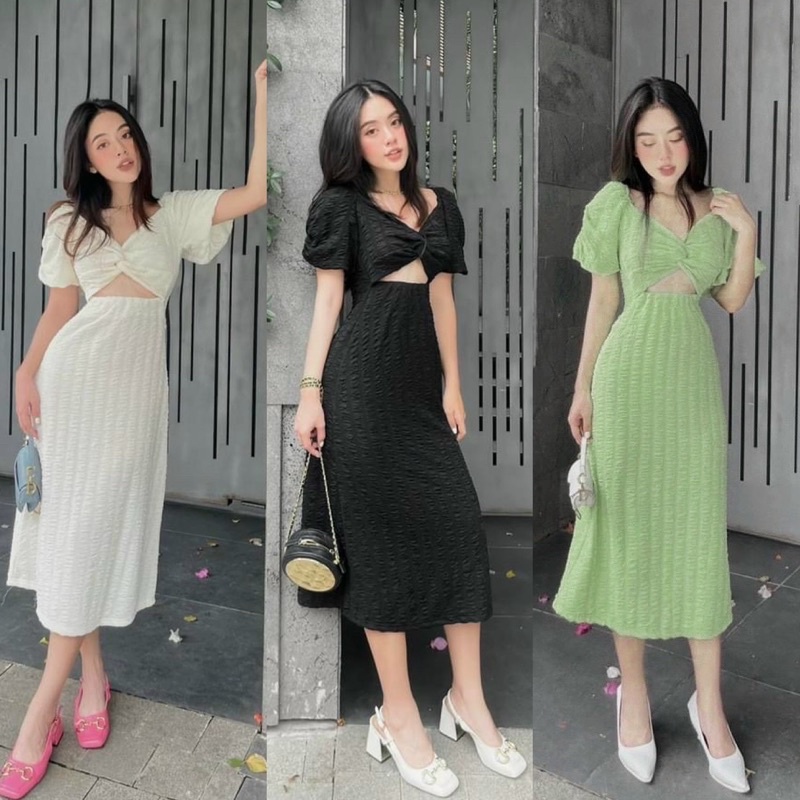 Đầm váy dài xoắn ngực khoét/hở/cut bụng tay bồng/phồng xanh trắng đen, thời trang nữ hot girl sang trọng đi chơi dự tiệc