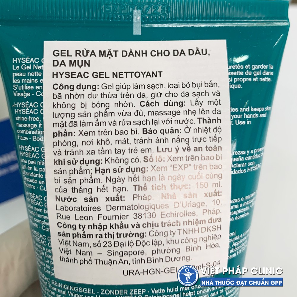 SỮA RỬA MẶT URIAGE HYSÉAC GEL NETTOYANT CHO DA DẦU, DA MỤN VÀ DA HỖN HỢP 150ml