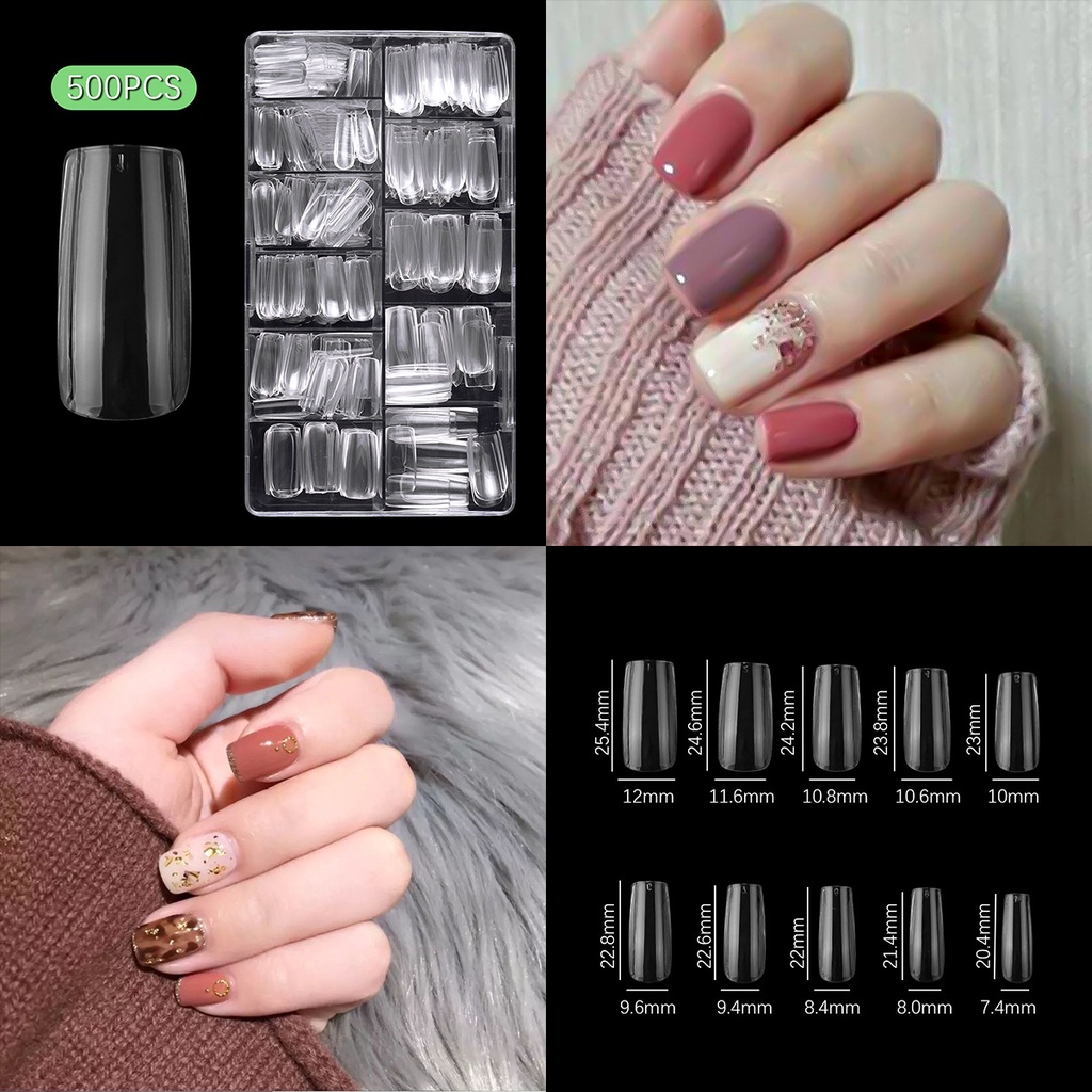 MONJA Hộp 500 Móng Tay Giả Trong Suốt Kèm Keo Dán Tiện Dụng