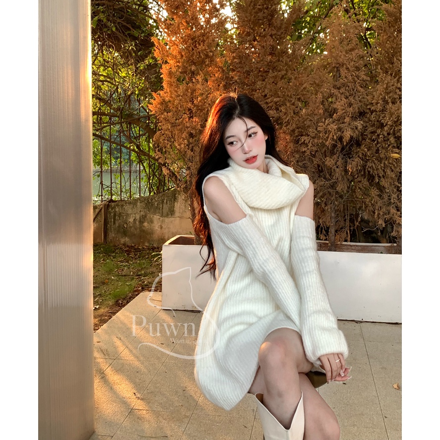 Váy len trắng cao cổ khoét vai trắng Giáng sinh Noel ấm áp Puwn Shop