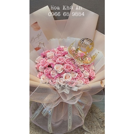 (-70k ship) Bó hoa sáp 50bông mix babi khô cực to đẹp (Ảnh thật khách ôm) KT:Cao 70, rộng 45cm