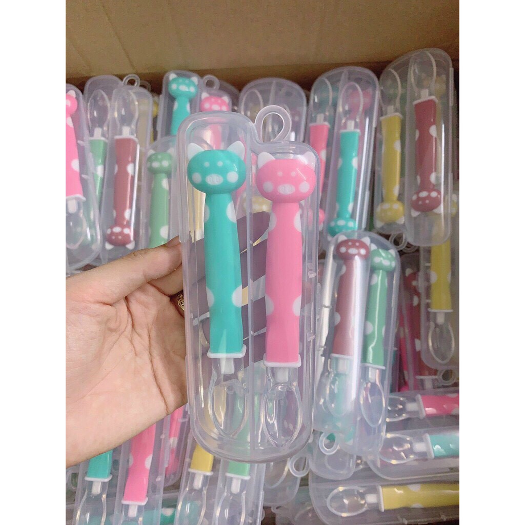 Set 2 thìa ăn dặm silicon đầu mềm cao cấp hình mèo ngộ nghĩnh cho bé