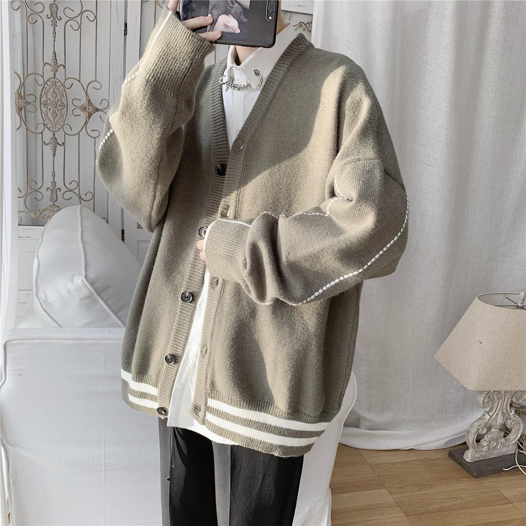 Áo Khoác Cardigan Dệt Kim Tay Dài Dáng Rộng Thời Trang Cho Nam Giới