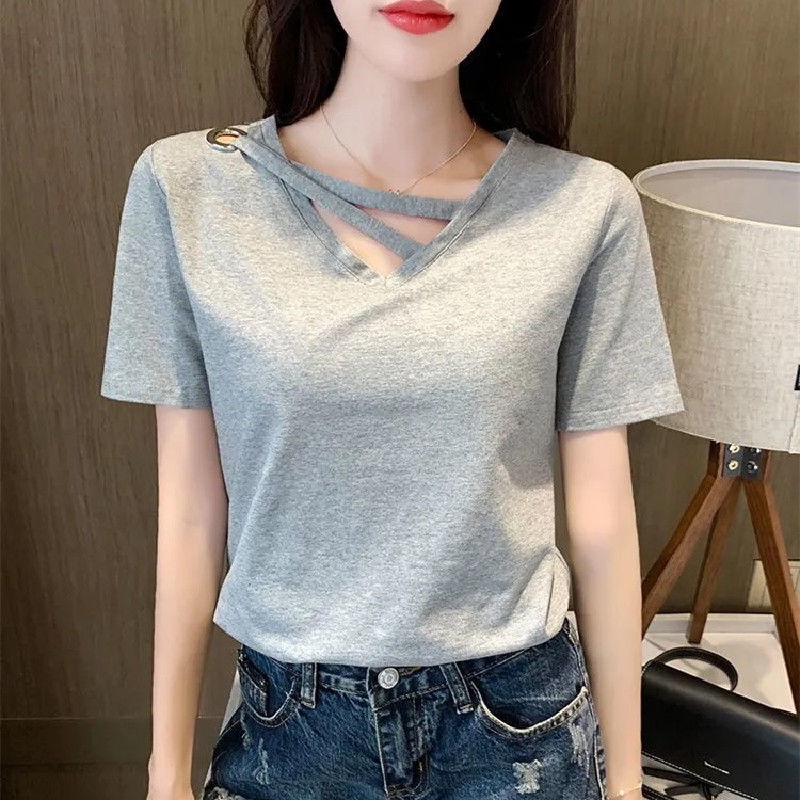 Áo Thun Cotton Tay Ngắn Cổ Chữ V Màu Sắc Đơn Giản Phong Cách Hàn Quốc Cho Nữ