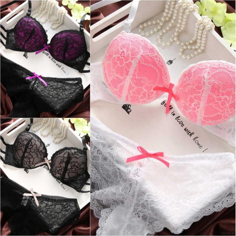 Set áo ngực có đệm nâng ngực + quần lót ren đính nơ quyến rũ cho nữ
