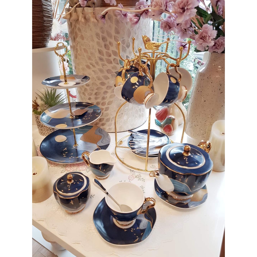 [ ẢNH THẬT 100% ] BỘ ẤM CHÉN SỨ XƯƠNG KÈM BÌNH ĐƯỜNG RÓT SỮA HỌA TIẾT BỌT SÓNG 15A-234