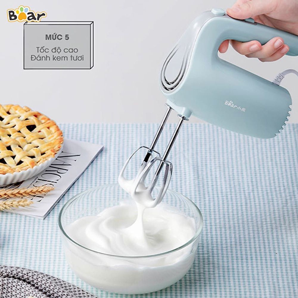 Máy đánh trứng 2 que Bear DDQ-B02P5 cầm tay đa năng , inox 304 không gỉ công suất 125W , 5 chế độ thông minh khác nhau