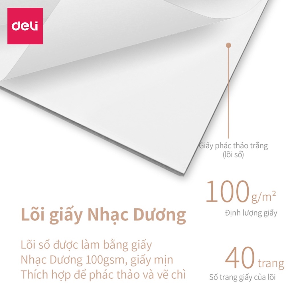 Sổ tay vẽ chì phác thảo sketchbook Deli 40 trang 100gsm khổ ngang A4/B5 gáy lò xo dùng cho mỹ thuật phác họa