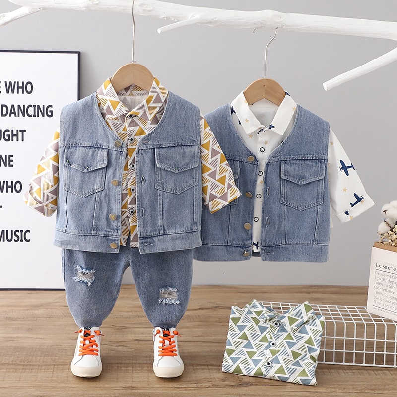 Bộ áo thun ba lỗ + áo Vest + quần jean kẻ sọc phong cách mới cho bé trai