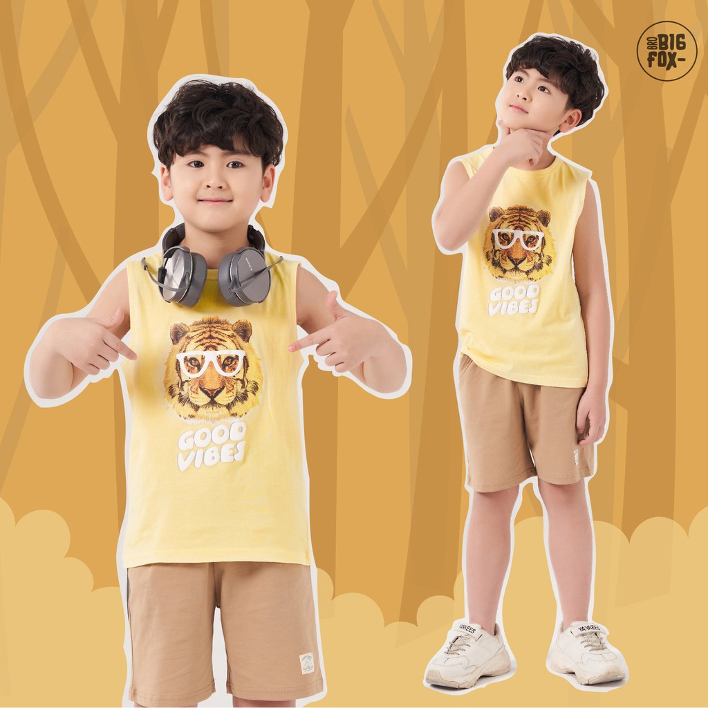 Đồ Bộ Bé Trai Size Đại Bigfox, Bộ Ba Lỗ Bé Trai Mùa Hè Chất Cotton In Hổ GOOD VIBES 3-11