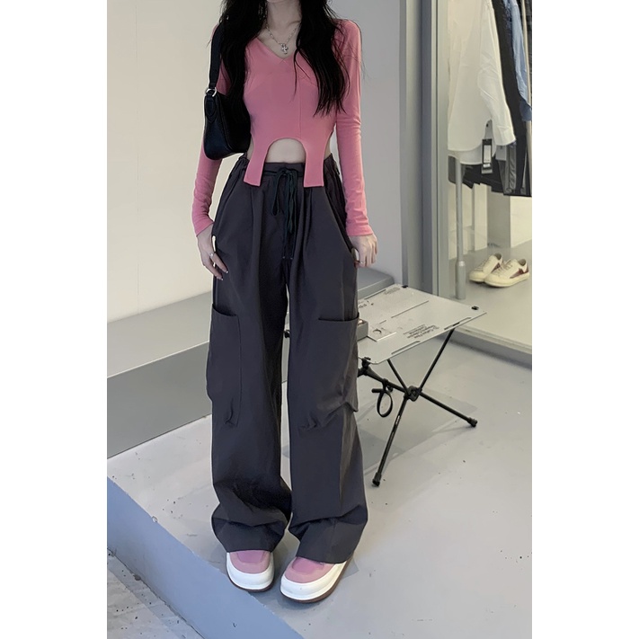 Phiên Bản Hàn Quốc; hot girl Áo Thun Tay Dài Ống Rộng Thiết Kế Thời Trang Dành Cho Nữ / Quần Âu Mỹ