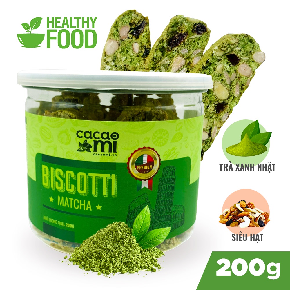 Bánh Biscotti Matcha Trà Xanh CACAOMI siêu hạt dinh dưỡng, hỗ trợ ăn vặt giảm cân, ăn kiêng healthy hũ 200g