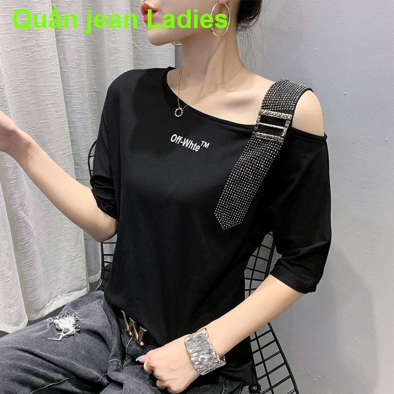 Áo không vai phụ nữ ngắn tay mới thun công nghiệp nặng khoan nóng hàng Châu Âu sơ mi nhỏ kiểu phương Tây lỏng lẻo gợ