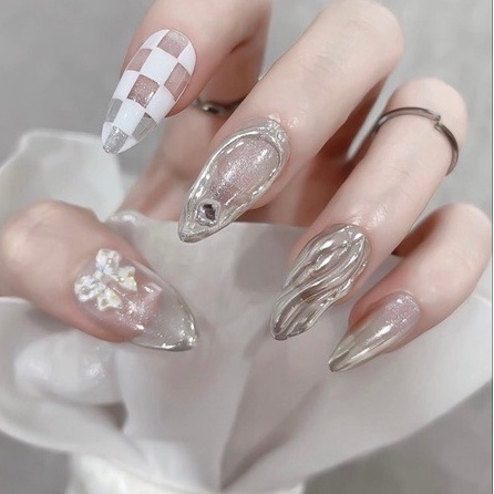 BỘ 10 MÓNG TAY GIẢ - NAILBOX THIẾT KẾ GIÁ RẺ VẼ NỔI TRÁNG GƯƠNG ĐÍNH NƠ