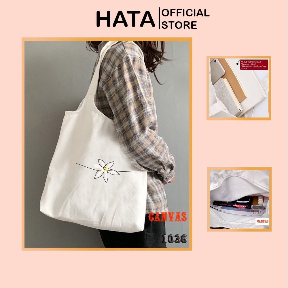 Túi Tote Túi Vải Canvas Có Khóa Miệng In Hình Nhành Hoa Dễ Thương 1036 Đeo Vai Đi Học Đi Du Lịch Cực Xinh