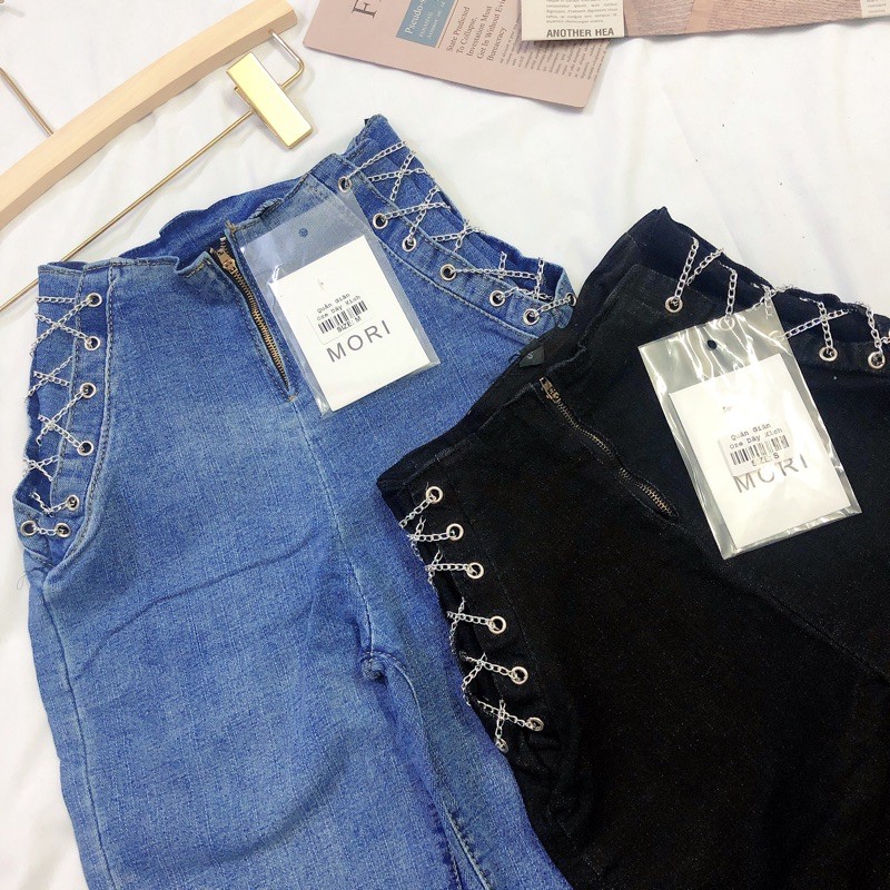 Quần jeans nữ oze dây xích vải co giãn mạnh lưng cao chất đẹp