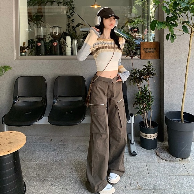 QKOOLE Áo croptop  dệt kim tay dài phong cách cổ điển Hàn Quốc cho nữ