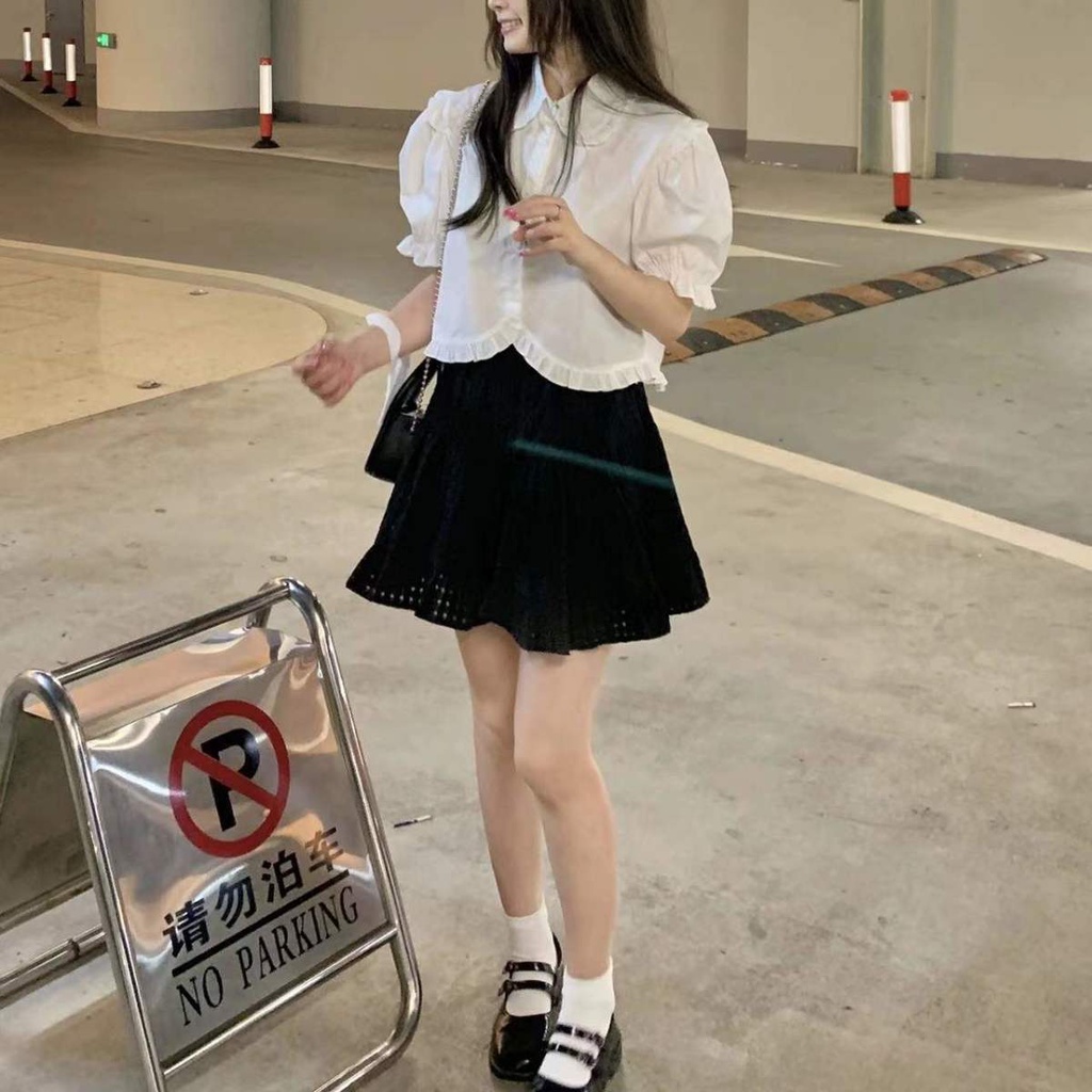 Áo Sơ Mi Trắng Ngắn Cổ Búp Bê Phối Bèo Phong Cách Pháp Ngọt Ngào Thời Trang Mùa Hè Cho Nữ