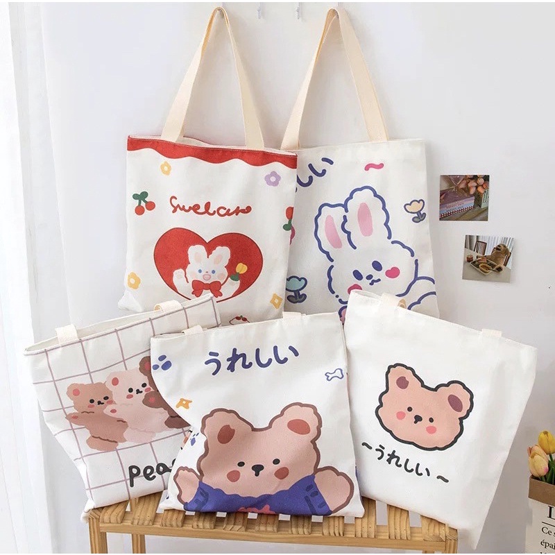 Túi tote vải hoạt hình dễ thương phong cách Hàn Quốc cỡ lớn đi học, đi làm, đi chơi, du lịch,...