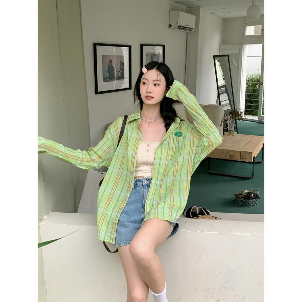 「 WELOVE1 」Áo Sơ Mi Nữ Tay Dài Dáng Rộng Họa Tiết Caro Màu Xanh Lá Phong Cách Retro Mùa Hè Mới