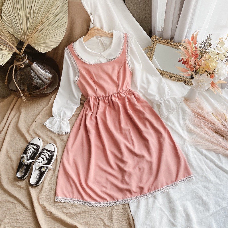 SET SƠMI CỔ SEN VIỀN REN KÈM YẾM HỒNG BABYDOLL